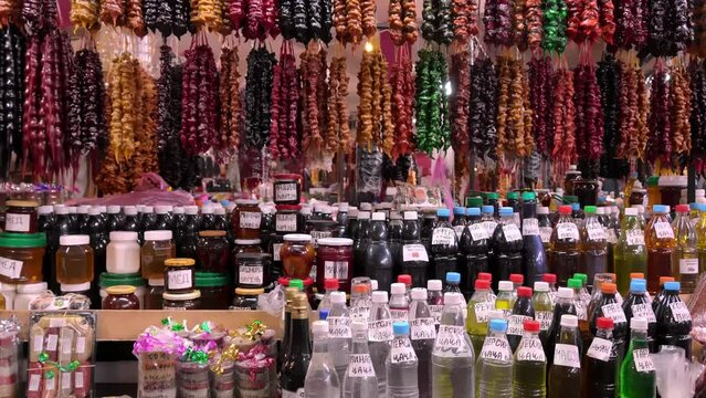 big bony market in center of Batumi, shopping market on old street. Food products of our own production are sold everywhere. wine, chacha, cognac