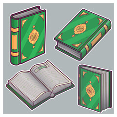 The Holy Quran in green with several views  vector illustration.