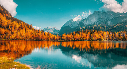amazing and beautiful lake in the middle of a fairytale style forest with mountains in the background and clear