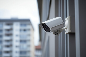 Fototapeta na wymiar Security camera on a house wall by day, Generative AI