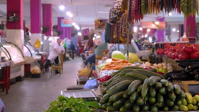 big bony market in center of Batumi, shopping market on old street. Food products of our own production are sold everywhere. cucumbers, vegetables and fruits. Food.