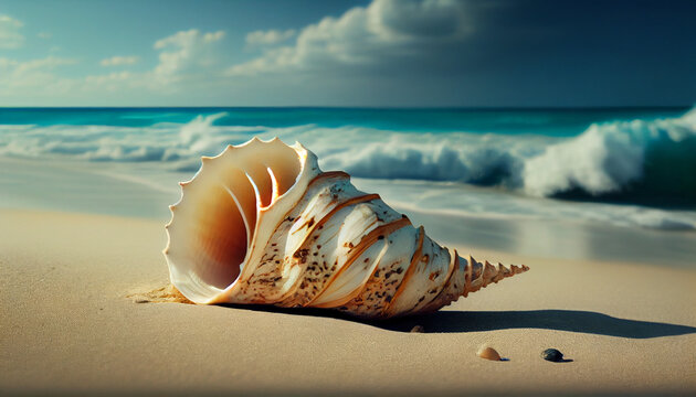 Conch shell on beach with waves Ai generated image 