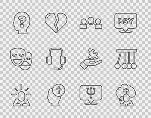 Set line Depression, Man graves funeral sorrow, Users group, Head with question mark, Psychologist online, Psychology, Psi and Pendulum icon. Vector