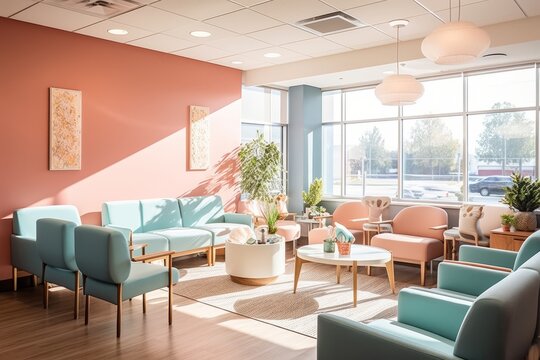 An image featuring a welcoming and comfortable waiting area with stylish seating, soothing colors, and natural light, creating a calming atmosphere for patients and visitors. Generative AI