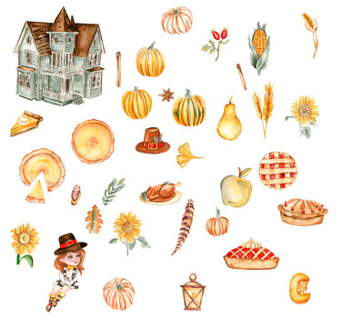 Watercolor hand drawn autumn farm house,pumpkins and cakes. Hand drawn illustration of thanksgiving day . Perfect for scrapbooking, kids design, wedding invitation, posters, greetings cards, party dec