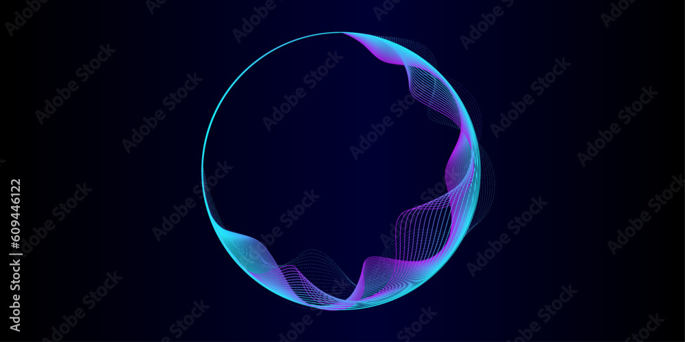 Leinwandbilder Vector abstract circles lines wavy in round frame smooth flowing dynamic blue gradient light isolated on black background for concept of technology, digital, communication, science, music, AI