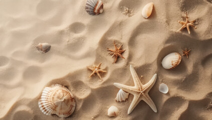 Fototapeta na wymiar Sea shells with sand as background. Seashells and starfish. View from above.