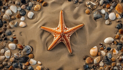 Sea shells with sand as background. Seashells and starfish. View from above.
