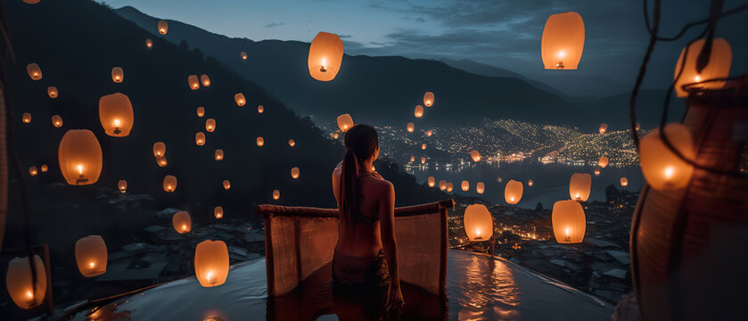 Young Tibetan Woman Covered In Body Tattoos Bathes In A Hot Tub Watching Floating Sky Lanterns In The Himalayan Valley Below. Woman Watching The Scene In Front Of The Misty Sky. Generative AI