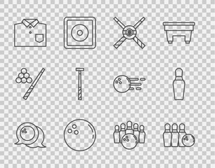 Set line Bowling ball, pin and, Crossed billiard cues, shirt, Billiard, and icon. Vector