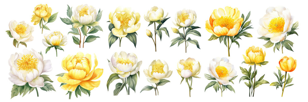 Set of yellow peonies flower ,Watercolor collection of hand drawn flowers , Botanical plant illustration transparent background, PNG ,Generative AI
