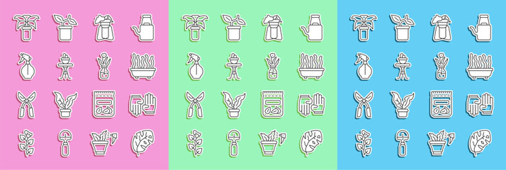 Fototapeta na wymiar Set line Tropical leaves, Rubber gloves, Plant in pot, on stand, table, Water spray bottle, Exotic tropical plant and Flower glass icon. Vector