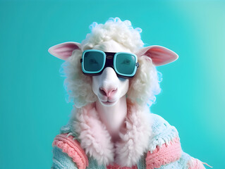 Fashionable sheep with sunglasses. AI generated