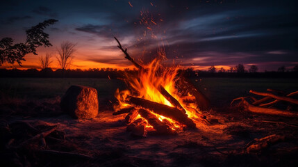 Photography of a campfire sunset in the background. IA generative.