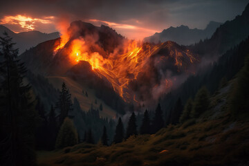 Fire in the mountains at night,generative AI.