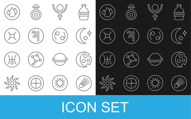 Set line Comet, Eclipse of the sun, Moon and stars, Symbol Pluto, Jupiter, Gemini zodiac, Water drop and Cancer icon. Vector