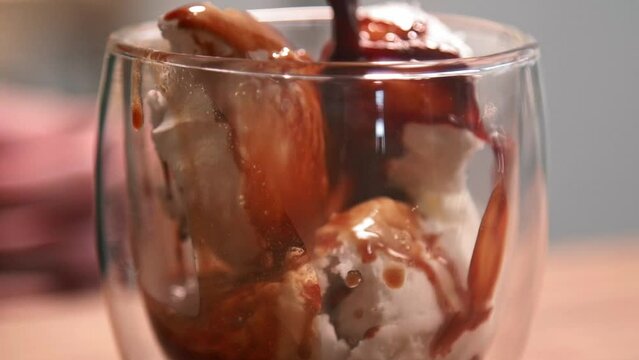Affogato - Pouring Espresso on Ice cream slow motion 