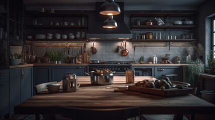 Grey home kitchen interior with cooking and dining space with kitchenware. 