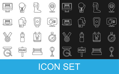 Set line Punching bag, Stopwatch, Boxing glove, Sport boxing shoes, ring, and training paws icon. Vector