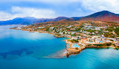 Hersonissos town aerial panoramic view in Crete, Greece - obrazy, fototapety, plakaty