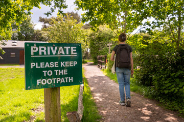 Private, keep to the footpath sign. Right of way concept - obrazy, fototapety, plakaty