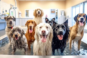 Portraying dogs of different breeds being playfully washed and dried in a daycare spa setting, emphasizing cleanliness and socialization. Generative AI - obrazy, fototapety, plakaty