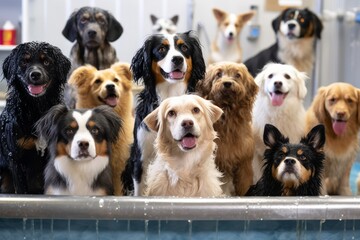 Portraying dogs of different breeds being playfully washed and dried in a daycare spa setting, emphasizing cleanliness and socialization. Generative AI - obrazy, fototapety, plakaty