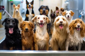 Portraying dogs of different breeds being playfully washed and dried in a daycare spa setting, emphasizing cleanliness and socialization. Generative AI - obrazy, fototapety, plakaty