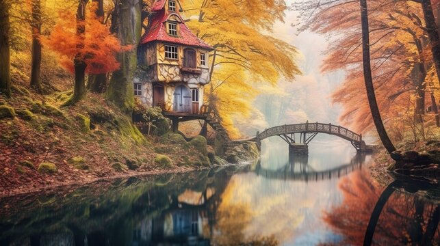 Lakefront vacation cottage in autumn Generative AI