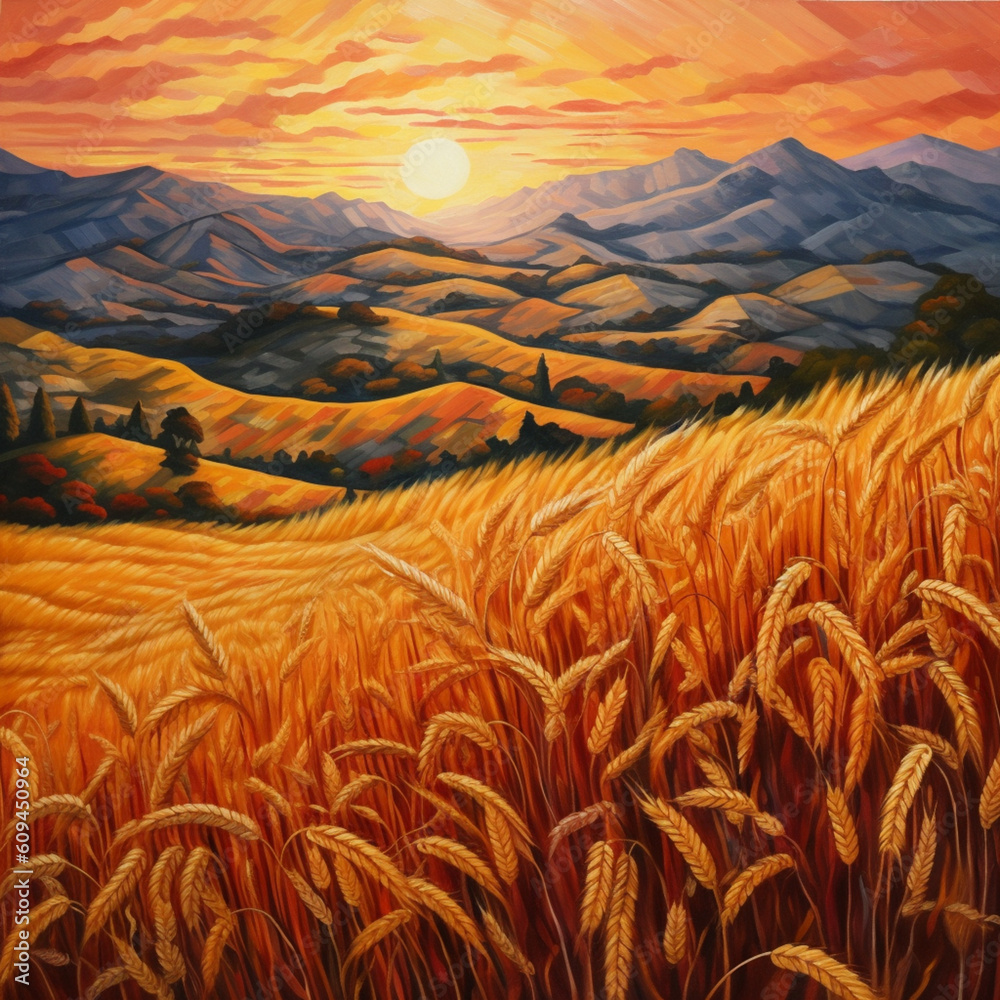 Poster sunset over the wheat field