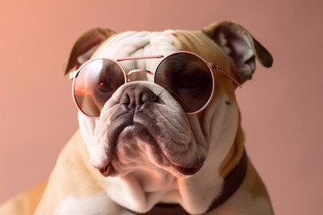 Cute bulldog, puppy dog wearing color shades sunglass eyeglass isolated on retro pink background. AI generated.