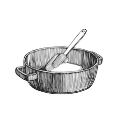Vector hand-drawn illustration of saucepan with piece of butter isolated on white. Process of cooking in engraving style.