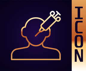 Gold line Addiction to the drug icon isolated on black background. Heroin, narcotic, addiction, illegal. Sick junkie with a syringe and medical pills. Vector