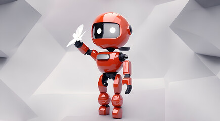Little red cute robot holding a flower. 