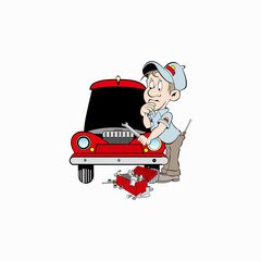 Naklejka premium Cartoon car repair mechanic holding keys