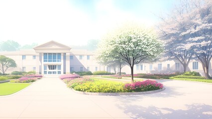 Fototapeta premium The atmosphere in front of a high school or university building summer school opening watercolor background by generative ai