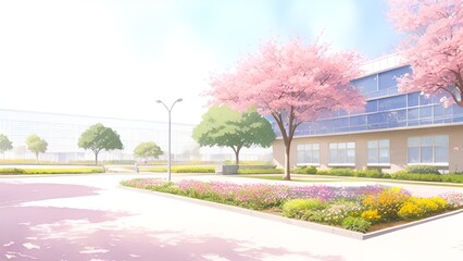 Fototapeta premium The atmosphere in front of a high school or university building summer school opening watercolor background by generative ai