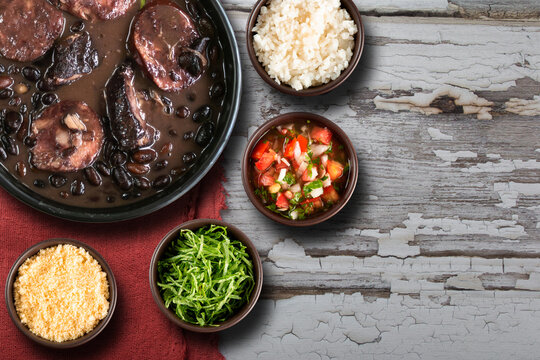 Feijoada typical Brazilian food. Traditional Brazilian food made with black beans. top view