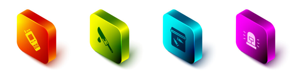 Set Isometric Walkie talkie, Bloody knife, Evidence bag with bullet and Flasher siren icon. Vector