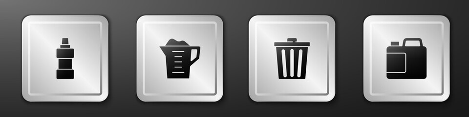 Set Bottle for cleaning agent, Washing powder, Trash can and icon. Silver square button. Vector