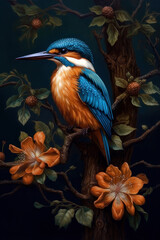 Kingfisher perched on a flowering branch old illustration generative ai