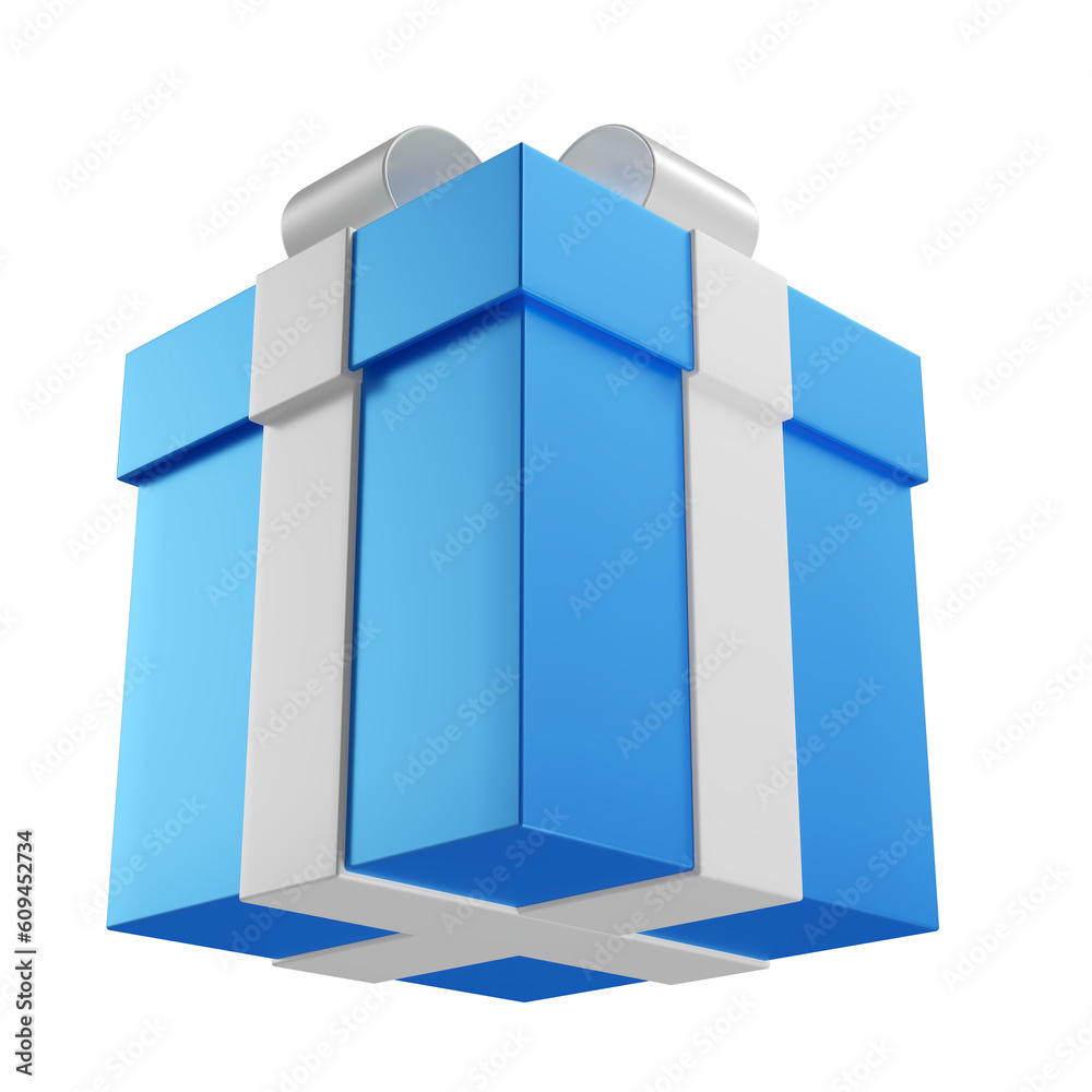 Sticker gift box with blue ribbon 3d rendering