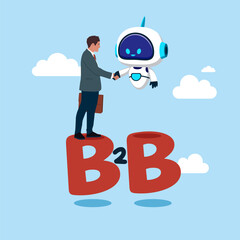 Confidence human and robot handshake to agree business deal on alphabet B2B. B2B business to business marketing. Flat vector illustration