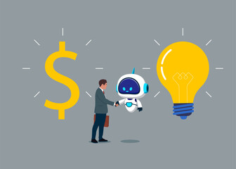 Businessman and robot with artificial intelligence shaking hands.  Financial investments in creative projects and into innovation. Flat vector illustration.