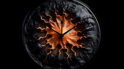 a melting black clock on a black background. time is money, don't waste time concept. 