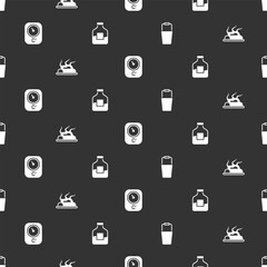 Set Sauna bucket, Campfire, thermometer and Bottle of vodka on seamless pattern. Vector