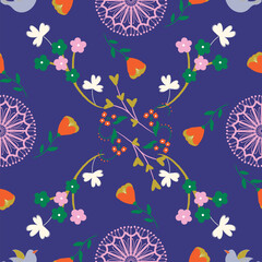 Symmetric fun backyard-birds and flowers seamless pattern.
