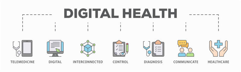 Digital health banner web icon vector illustration concept for technology in medical healthcare with icon of e-health, telemedicine, interconnected, smartwatch, diagnosis, email, and medical app