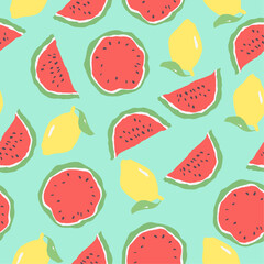 Seamless vector summer pattern with watermelon and lemon. Tropical fruits on green background in cute art style. Vector illustration