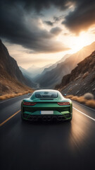 Fototapeta na wymiar speeding luxury automobile on the freeway with a scenic view. Generative AI
